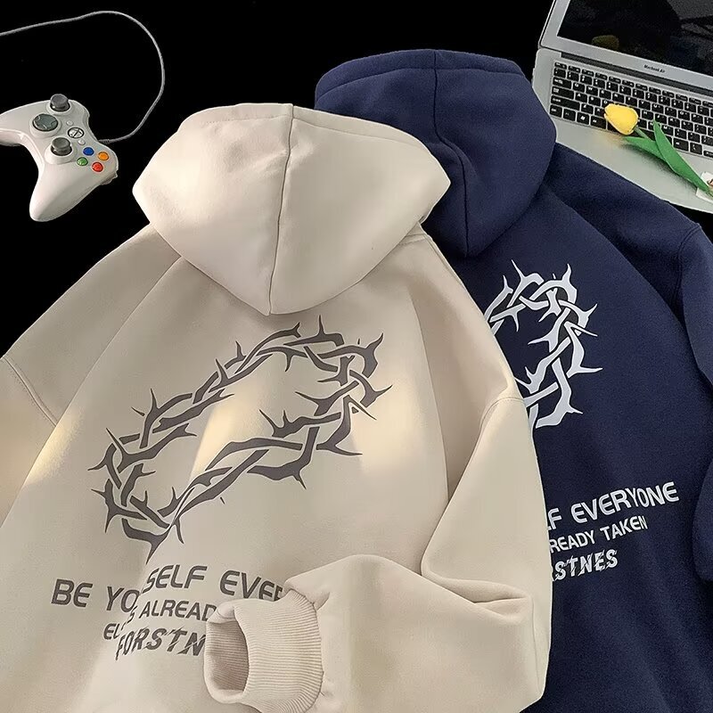 Now Sweatshirt Men's Loose fleece-lined Thickened Printed Hooded Sweatshirt Men's Casual Retro Men's and Women's Couple Jacket