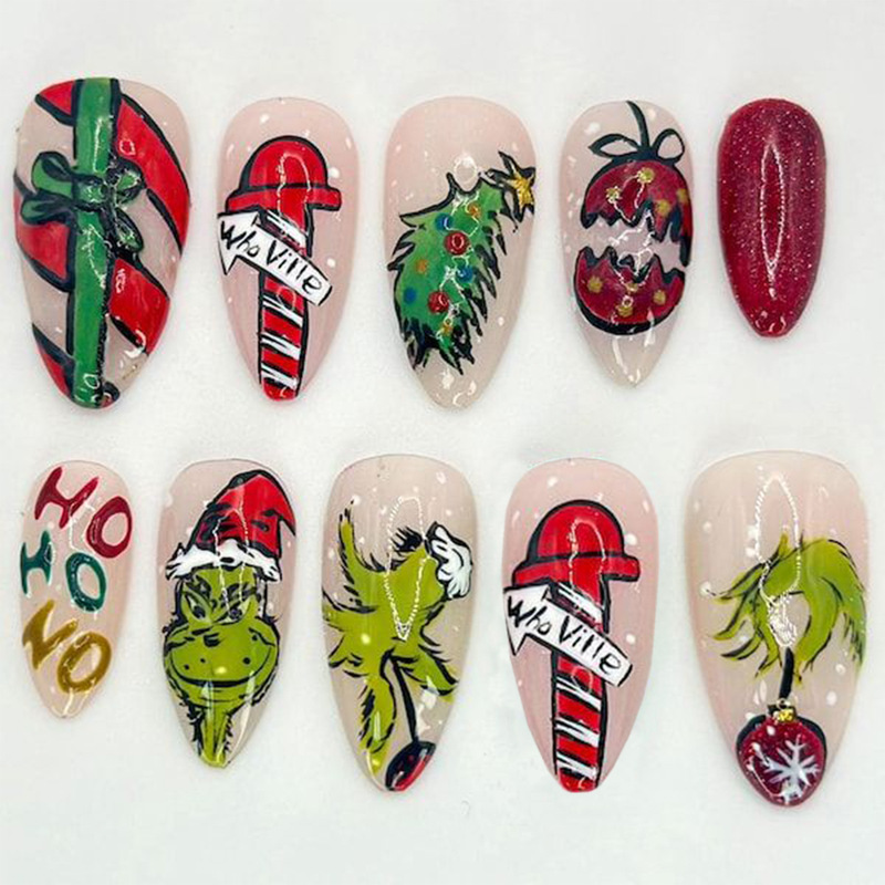 24 Pieces of Christmas Cross-Border Hot-Selling Green-Haired Monster Almond Wearable Nails Painted High-End Grinch Bow Manicure Nails