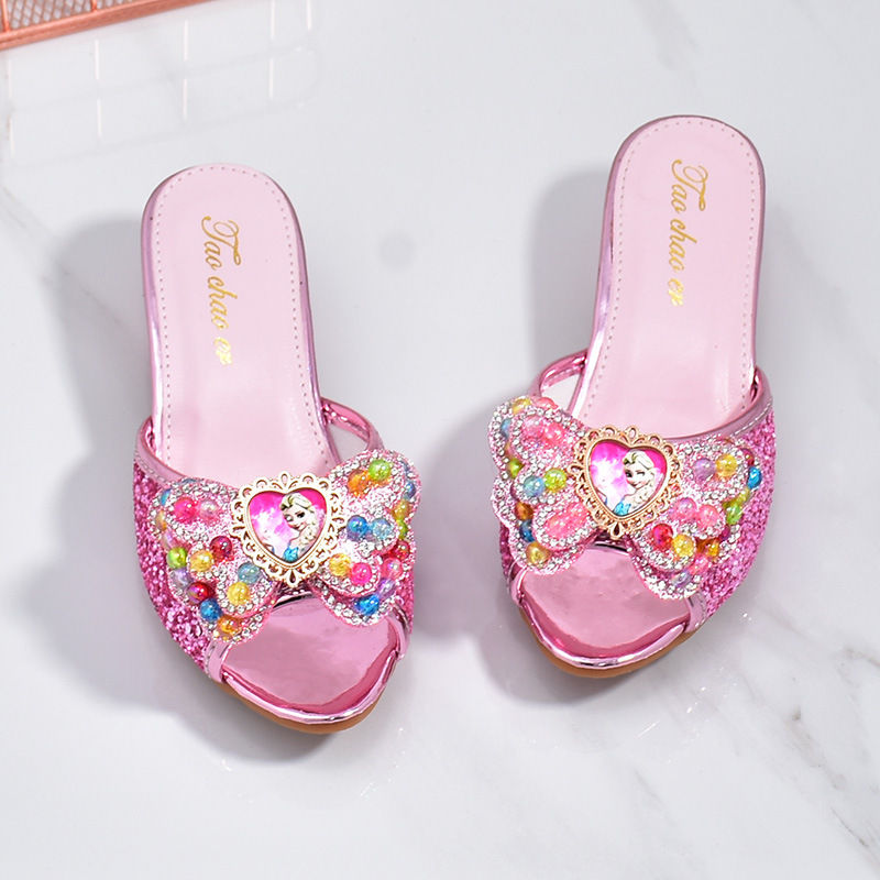 Girls' High Heels Summer Children's Slippers 2023 New Frozen One-String Sandals Soft Bottom Princess Shoes 