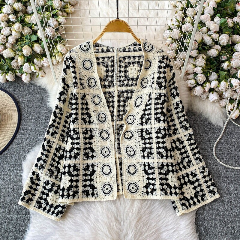Customized Chanel-style knitted cardigan for women, hollow-out loose crochet women's knitted jacket, niche design top manufacturer Customized Chanel-style knitted cardigan for women, hollow-out loose crochet women's knitted jacket, niche design top manufacturer