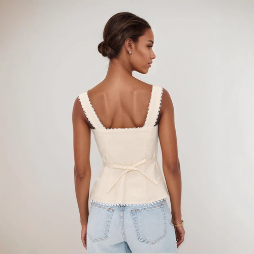 Elegant Americana-style women's French vintage cotton-linen lace patchwork fashionable button-down halter top with sleeveless backless upper garment