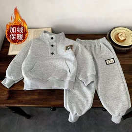 男童秋冬一体绒卫衣卫裤套装2025新款中小童帅气加绒加厚两件套潮