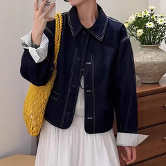 港风格子拼接娃娃领牛仔外套女短款2025春秋季小个子休闲立领上衣