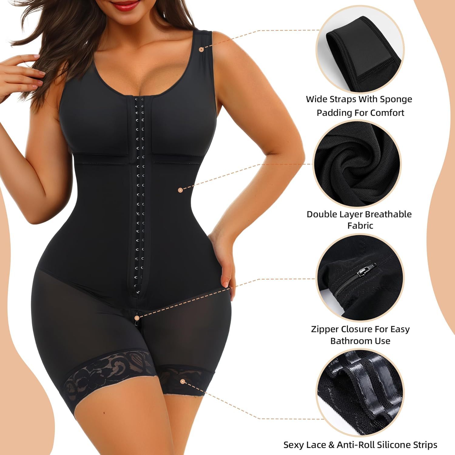 2026 Amazon Cross-Border New One-Piece Shapewear Long-Breasted Shapewear Faja Thickeneded Wide Shoulder Straps
