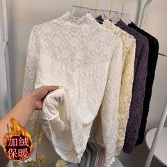 大码女装加绒加厚蕾丝打底衫胖mm秋冬新款半高领显瘦保暖内搭上衣