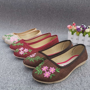 Old Beijing Cloth Shoes, Linen Embroidered Women's Shoes, Comfortable Flat Shallow Mouth Shoes for Mothers, Women's Single Shoes, Chanel-Style Fashionable Women's Shoes