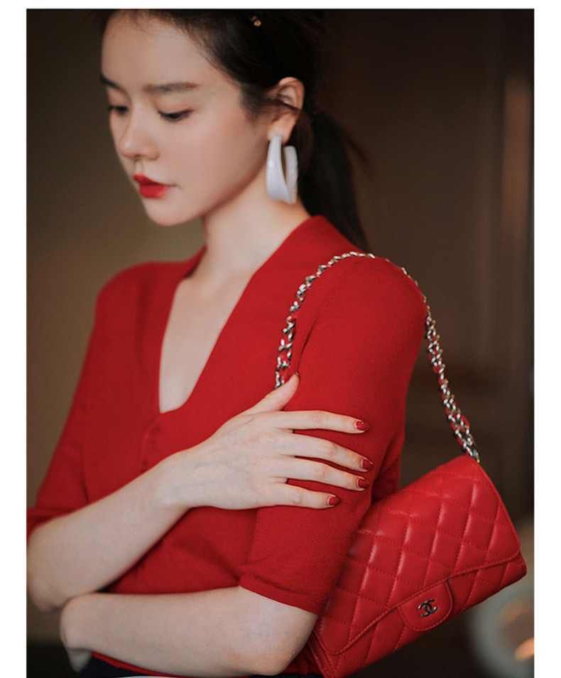 Áo len dệt kim tay lỡ cổ V dáng ôm chất liệu lụa đá mùa hè, mỏng nhẹ đa năng — đen chi tiết 14