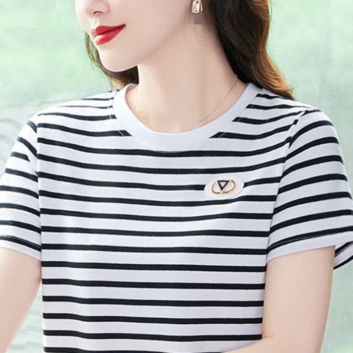 【95% Cotton 5% Spandex】Striped Loose-Fitting Pure Cotton Short-Sleeve T-Shirt for Women, Versatile and Stylish, Slim-Fit and Elegant Base Shirt