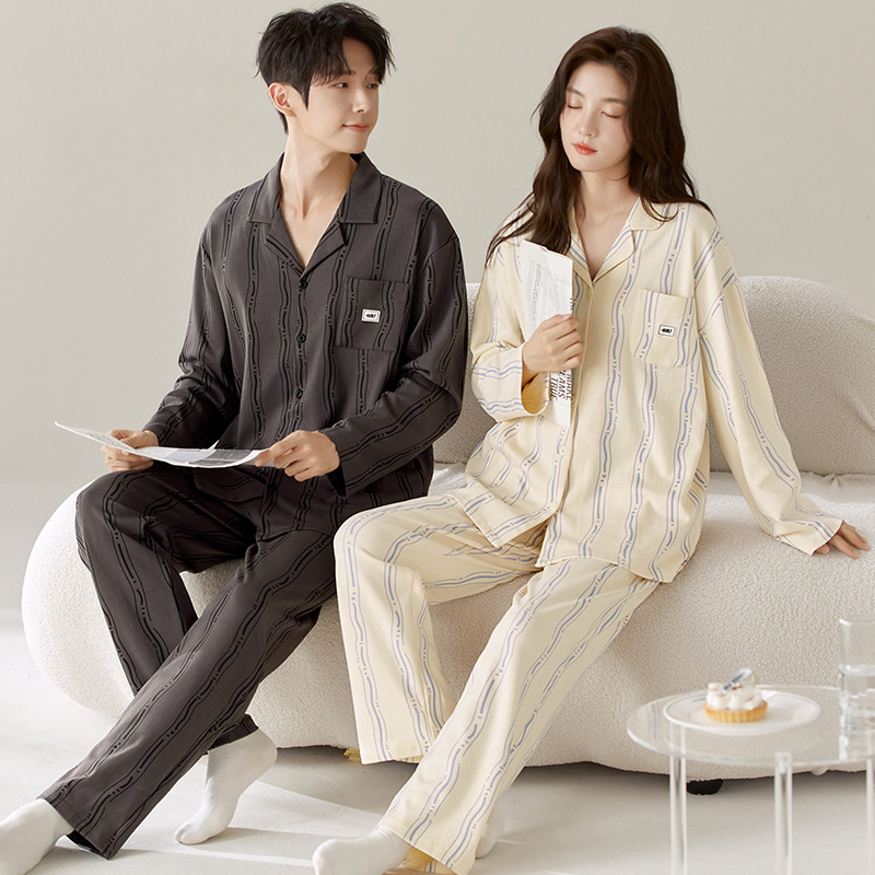 Spring and Autumn Long-Sleeved Trousers Cardigan Lapel Pajamas Women's Spring and Autumn Pure Cotton Suit Can Be Worn Outside Casual Couple Home Clothes