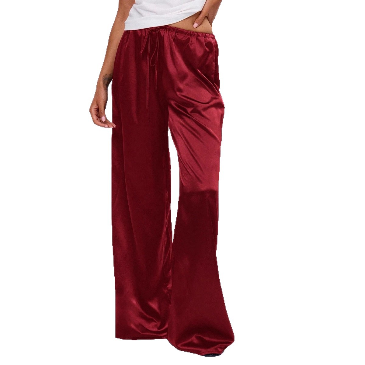 Women's Clothing Women's Trendy Satin Casual Pants Style Wide Leg Drawstring Trousers Loose Fit Spring For Formal & Casual For Women_ecoleips.com