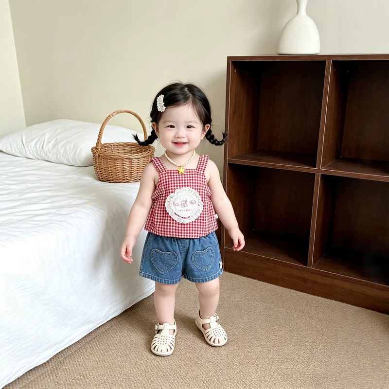 Baby Girl Retro Red Lace Suspender Two-Piece Set Infant Breathable Casual Love-Decorated Denim Shorts Summer Outfit Baby Girl Retro Red Lace Suspender Two-Piece Set Infant Breathable Casual Love-Decorated Denim Shorts Summer Outfit