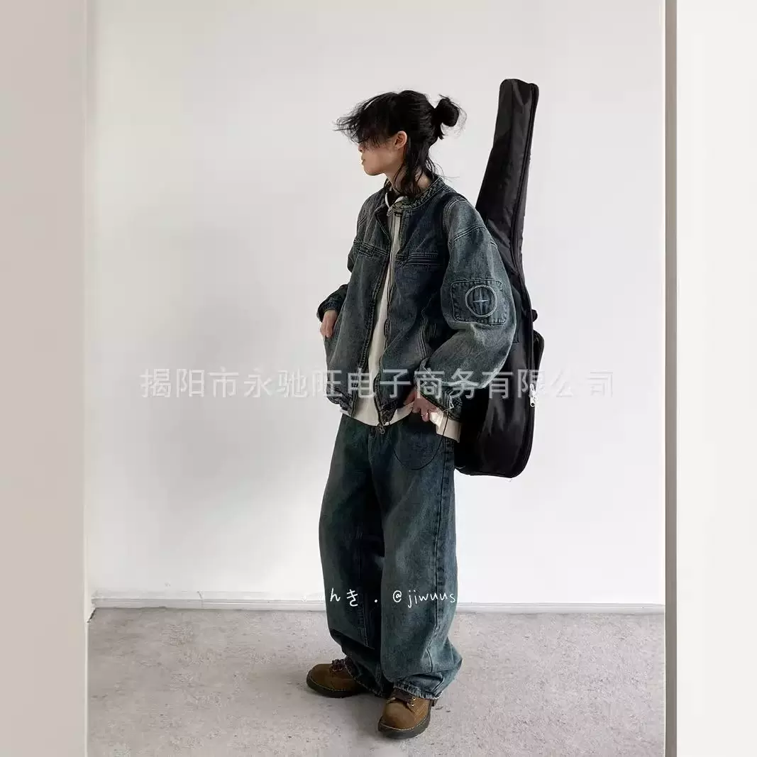 2024夏季新款日系复古刺绣水洗男式牛仔夹克外套宽松工装休闲上衣