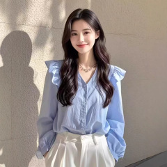 蓝色荷叶边长袖衬衫女2025秋装新款法式轻薄气质V领显瘦上衣A6545