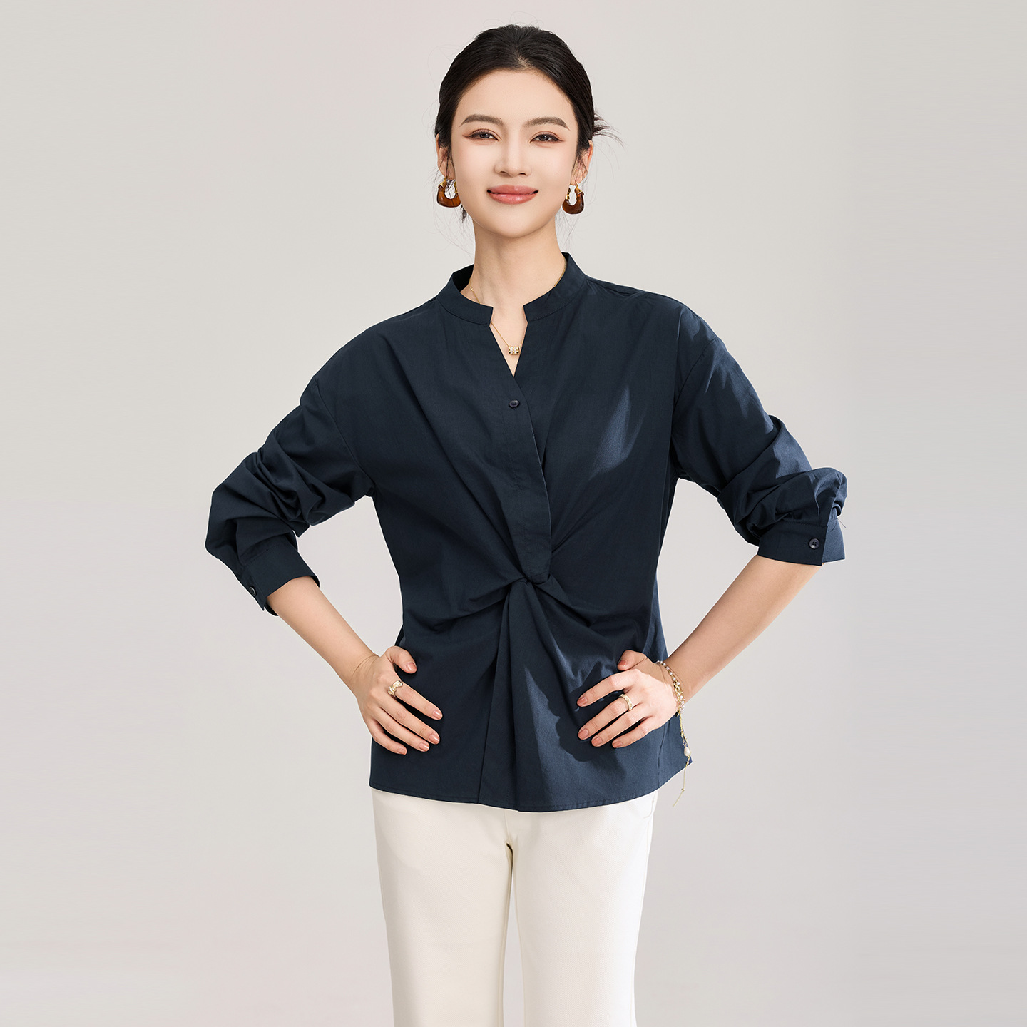 Áo sơ mi nữ dài tay chất lụa tencel phối xoắn thanh lịch — xanh lam