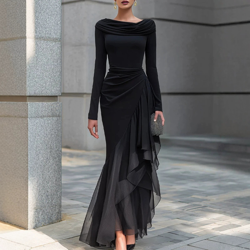 2026 European and American style, stacked collar long-sleeve formal dress, waist-cinching pleated mesh ruffle fishtail elegant dress
