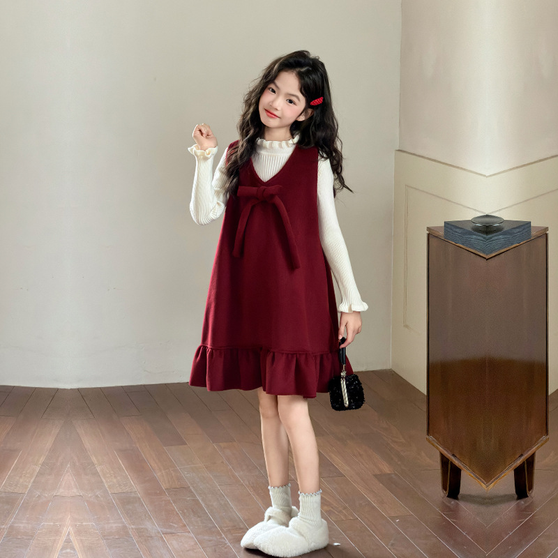 女童毛呢加绒背心裙两件套2025冬季新款红色年服连衣裙毛衣套装厚