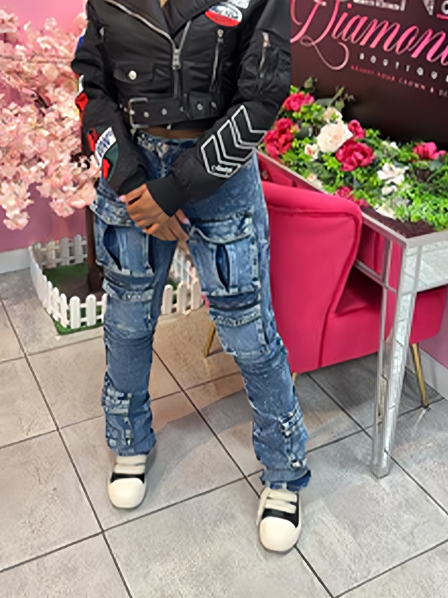 Women's Stacked Cargo Jeans – Stretch Denim Wide-Leg Pants With Utility Pockets (S-XL, Blue)_mkmklike.com