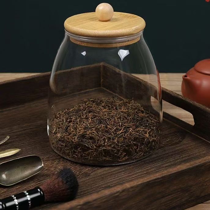 Inventario de bambú cubierta de madera de vidrio transparente lata de té sellado lata de condimento lata de almacenamiento pequeña botella de té negro