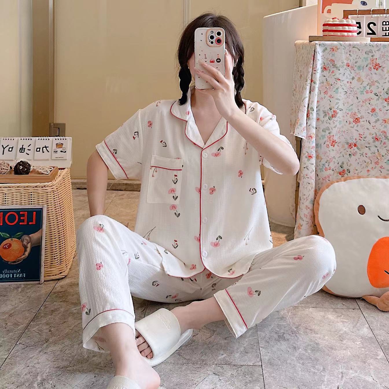 Pajamas de espuma tejidos de verano de algodón pantalones largos de mangas cortas ropa para el hogar de verano delgada de algodón conjunto de dos piezas
