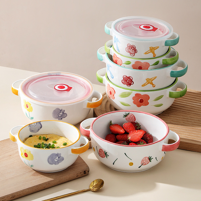 Estilo pintado a mano lindo cerámica binaural fruta ensalada tazón ins estilo postre tazón hogar desayuno tazón de cerámica con tapa