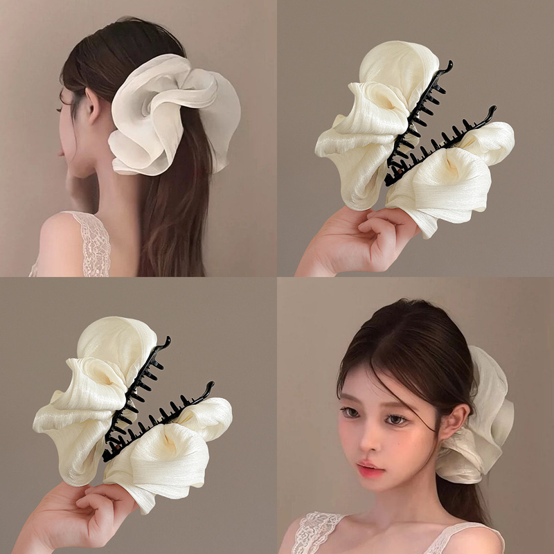 Extra-Large Ruffled Tulle Banana Clip for Women, High Ponytail Vertical Clip, Updo Twist Clip, Elegant Hair Accessory