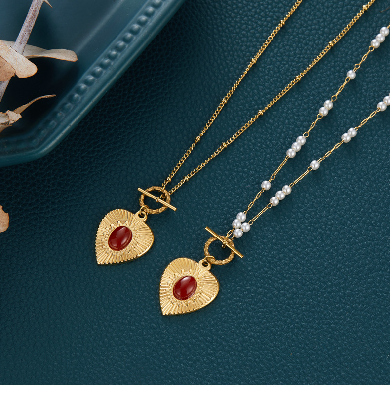 12g Weight Agate Inlay Material Pendant Necklace Classification cable chain Chain Type 1 Piece Quantity 1 Piece Fashion Heart Shape Titanium Steel Plating Inlay Agate Pendant Necklace