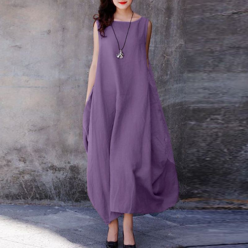 summer elegant solid long dress with a round collar sleevless