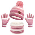 西埃图新款儿童帽子围脖手套套装秋冬针织加绒保暖帽子毛球三件套