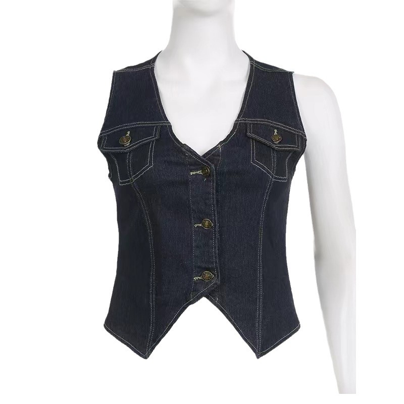 Ropa de mujer europea y americana Amazon Comercio exterior transfronterizo exclusivo para Calle Hipster ropa de trabajo de un solo pecho cintura lavada Chaleco de mezclilla