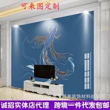 跨境专供独立站代发亚马逊速卖通Ai背景墙线条手绘8D金鱼蓝色炫彩