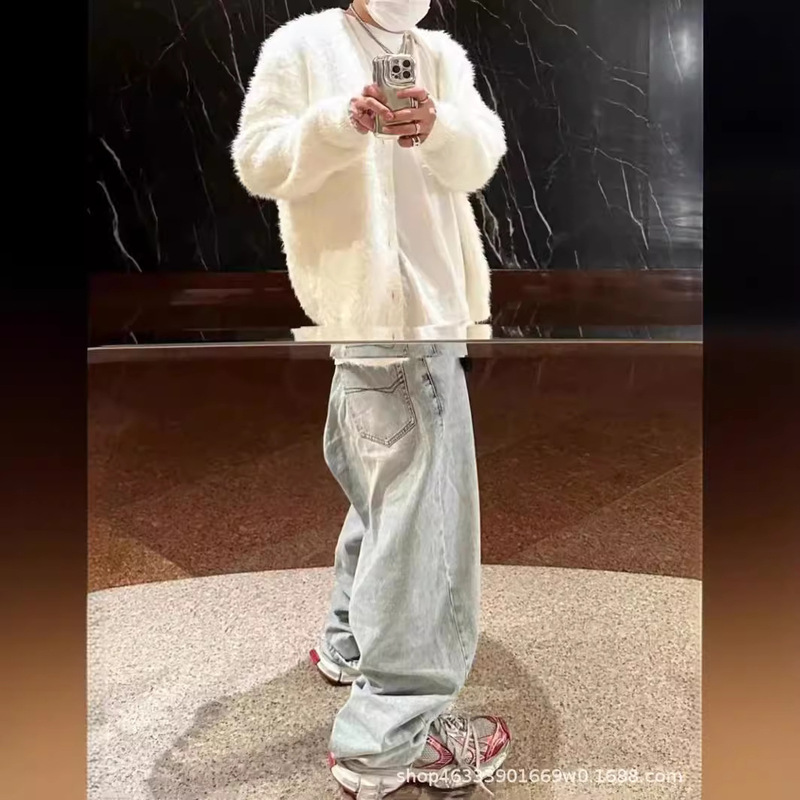 B 21ss Washed Blue Loose Wide Leg Pants Baggy Denim Pants Daily All-match Pendant Stacking Straight Tube Men's Fashion