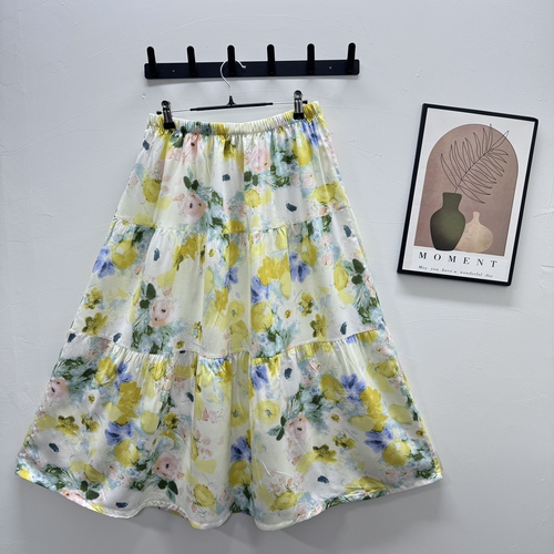 Cotton crepe half-length skirt, long dress print, simple casual maxi skirt, summer loose-fitting, slimming, elastic waist, three-piece skirt
