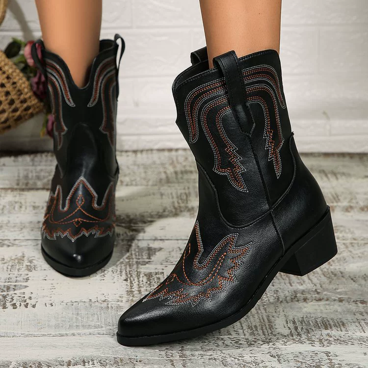 Foreign trade large size printed knight boots 2024 autumn and winter new square heel mid-calf western cowboy style women's boots Amazon women
