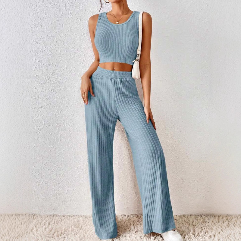 European and American New Style 2025 Spring and Autumn Solid Color Fashion Casual Knit Vest High-Waisted Long Pants Set Comfortable and Casual