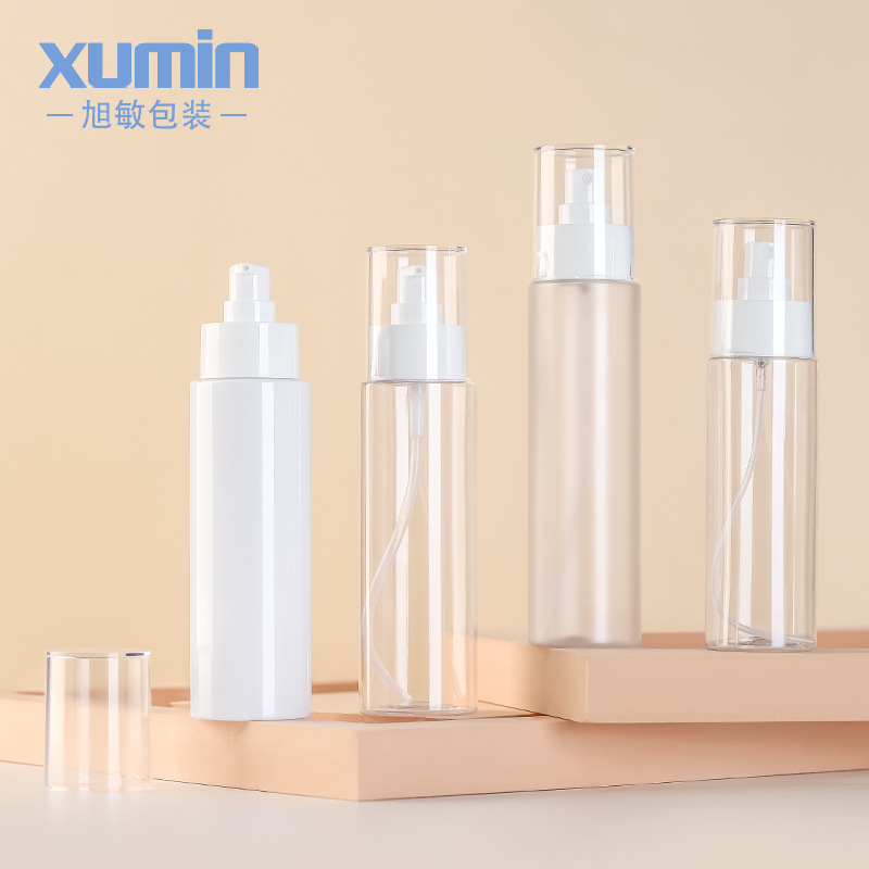 En stock Xumin 120ml blanco cabeza de la bomba botella de la prensa transparente cubierta completa botella de loción 150ml esmerilado botella de spray para mascotas