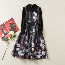 欧美走秀2022早秋外贸新款女装立领长袖印花撞色拼接假两件连衣裙