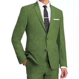 新款男士亚麻套装 2 件套休闲夏季西装修身婚礼服伴郎舞会礼服装