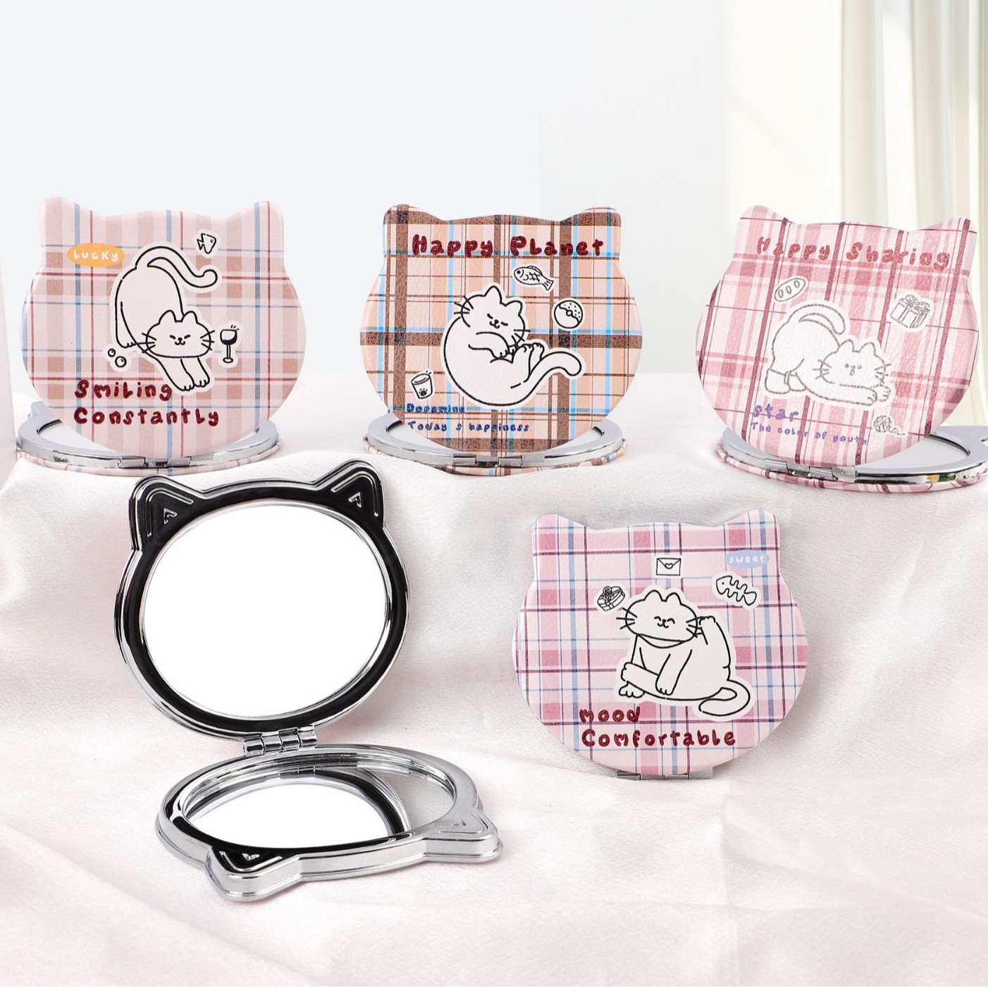 Yaliang moda gato cabeza de doble cara portátil de dibujos animados Bolsillo pequeño espejo estudiante dormitorio espejo regalo impreso logotipo cosmético espejo