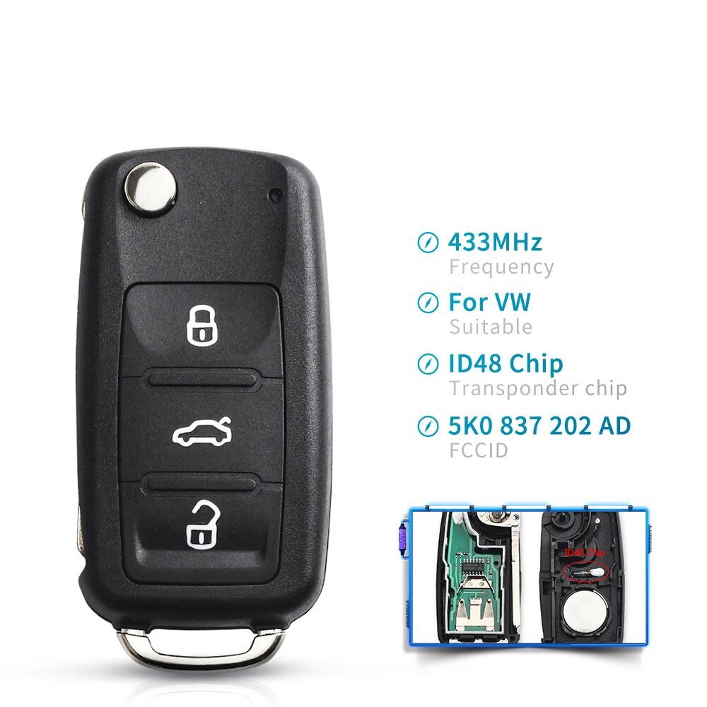 Suitable for Volkswagen 2-button 3-button folding remote control car key 5K0837202ad 434MHz ID48 chip