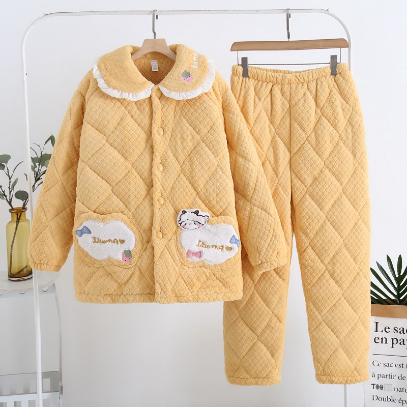 パジャマ女性冬のサンゴのベルベットの三層の厚いベルベット保温綿フランネル春秋冬の家庭服