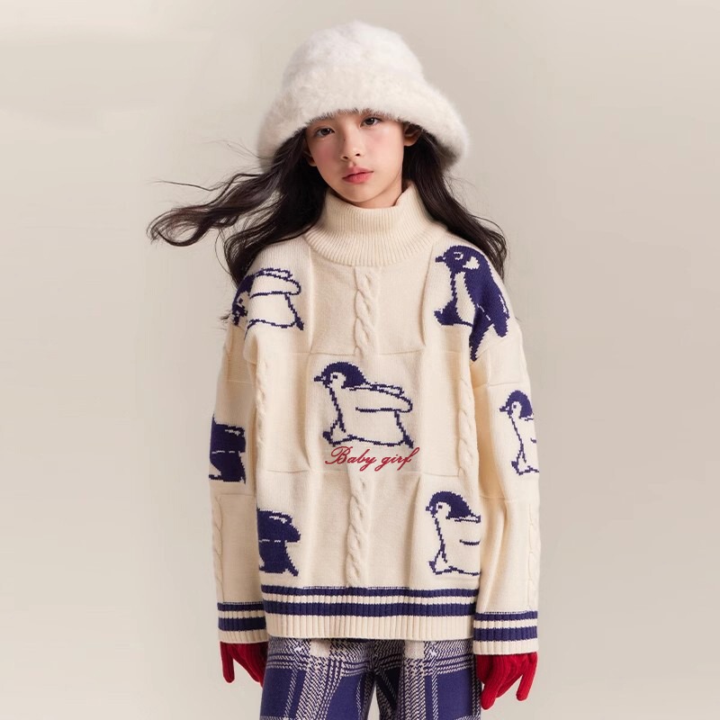 2025 New Girls' Penguin Three-Dimensional Twist Knit Sweater Winter High-Neck Knit Top Children's Clothing