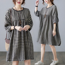 2025夏季宽松气质棉麻格子连衣裙胖妹妹大码显瘦遮肚亚麻短袖中裙