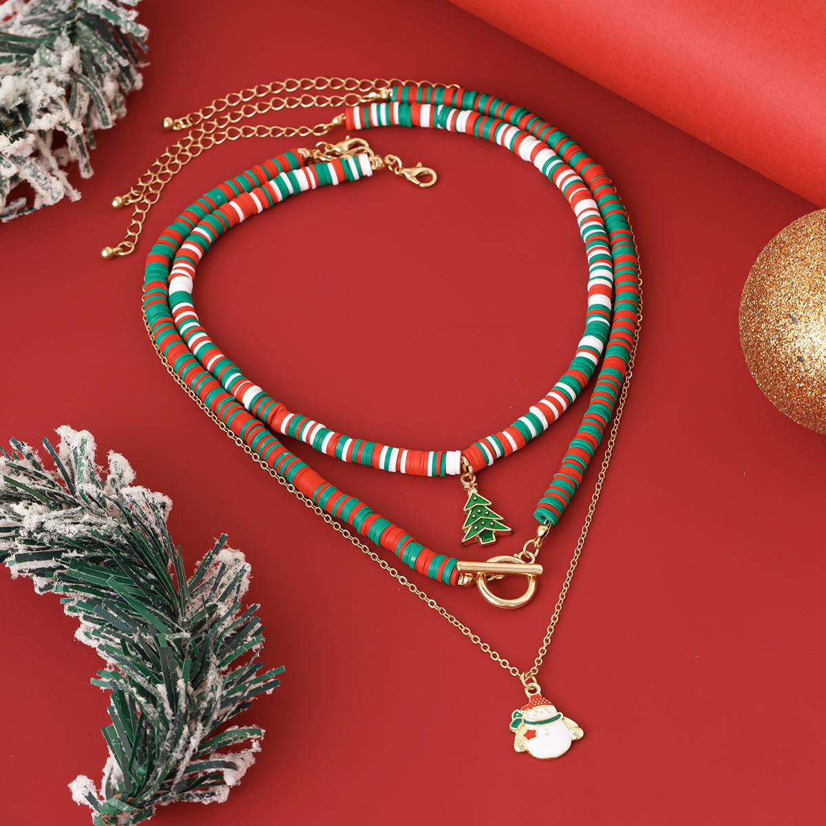 European And American Fashion Soft Pottery OT Buckle Alloy Necklace 3-piece Set Christmas Elderly Pendant Collarbone Chain_voghion.com