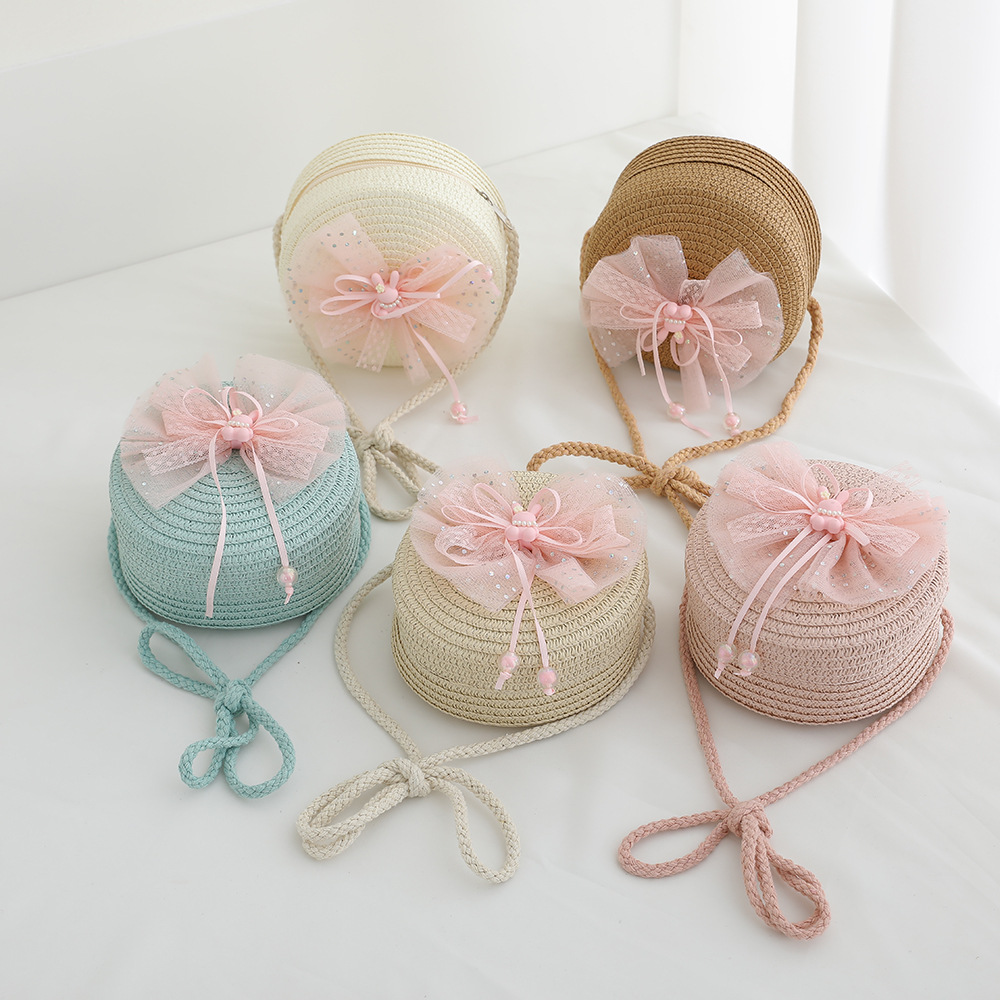 Verano nuevo sombrero para niños sombreado sombrero de paja bolso de dos piezas lindo encaje flor niña sombrero de playa al por mayor
