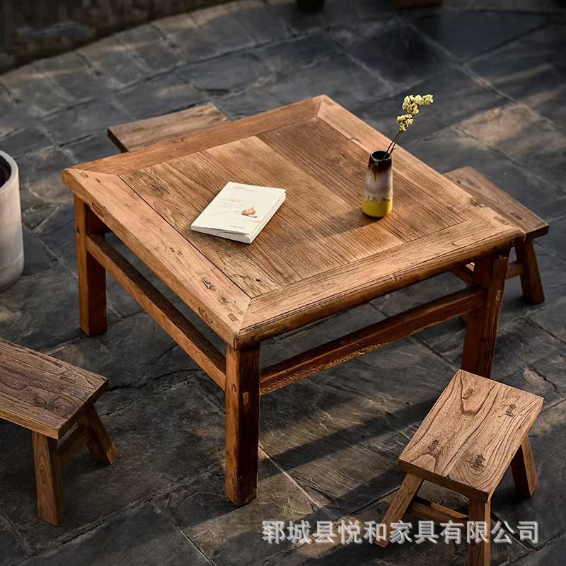 New Old Elm Eight Immortals Table Solid Wood Dining Table Square Square Table Hotel Homestay Dining Table and Chair Combination suit