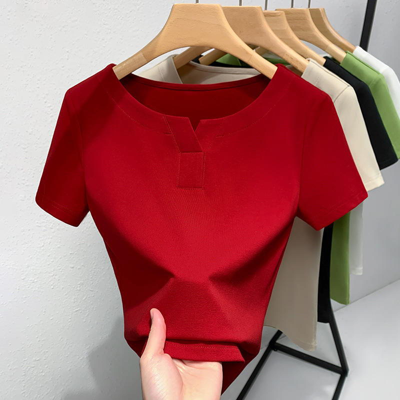 Camiseta de manga corta para mujer verano 2023 nueva camiseta de algodón de color sólido con cuello redondo medio abierto para mujer