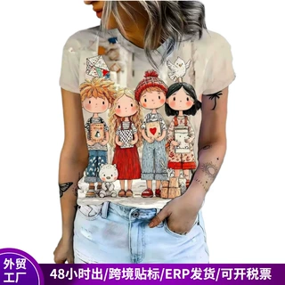 2026跨境欧美短袖T恤女士3D数码印花修身上衣网眼透气外贸女装夏