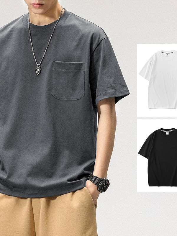 シンプルな無地ポケット半袖Tシャツメンズ2025年夏新作日本のトレンドルーズカジュアルTシャツトップストレンド|undefined