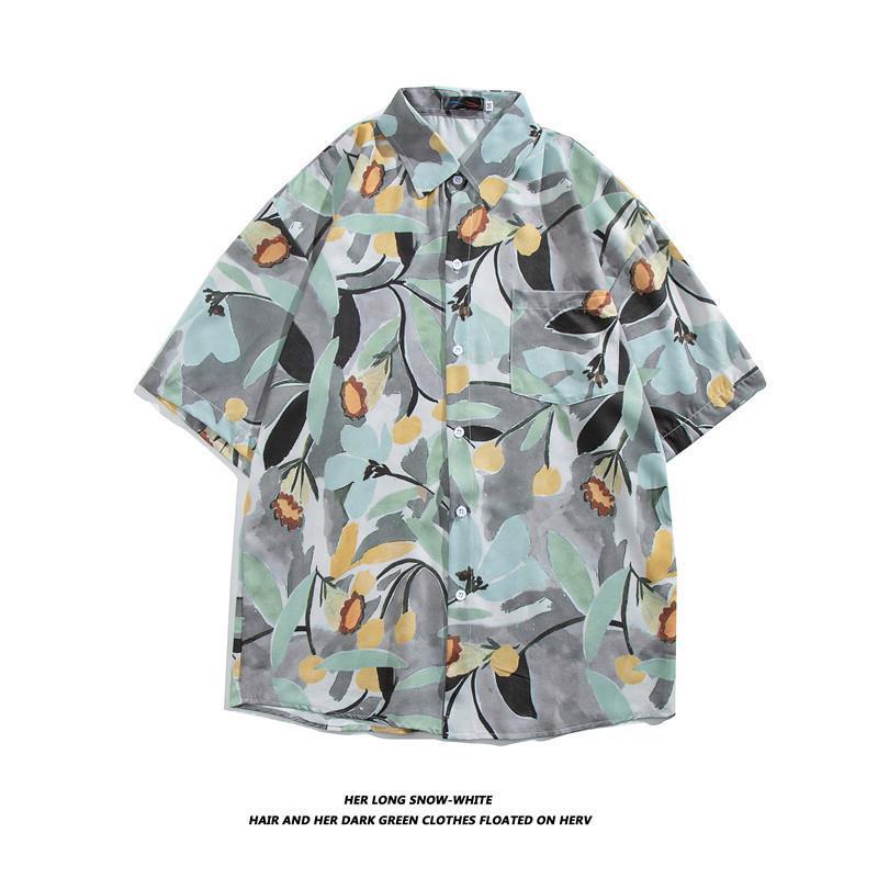 Hong Kong estilo Retro Vintage floral camisa de manga corta Estilo Hawaiano tailandés diseño sentido Ruan guapo camisa suelta para hombres y mujeres