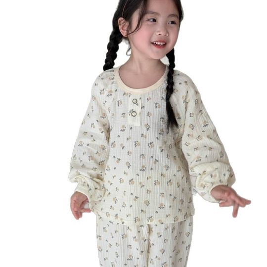 New Children's Double Gauze Home Clothes Boys and Girls Cotton Yarn Long Sleeve Pajamas Cotton Pullover Gauze Air-conditioning Clothing Set